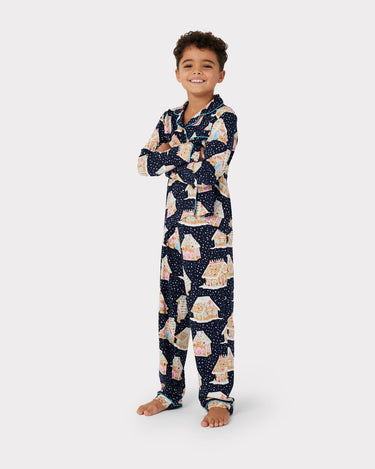 Kids' Navy Christmas Gingerbread Houses Print Long Pyjama Set